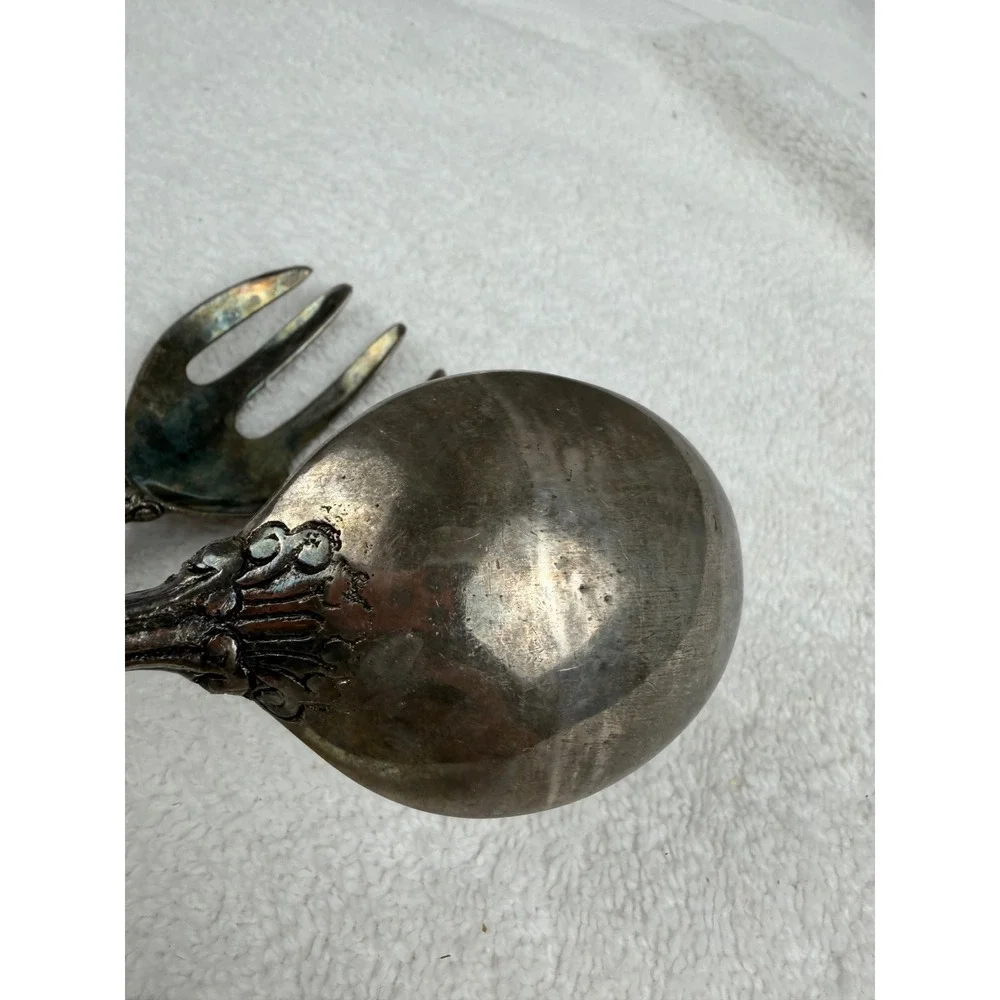 Vintage Ornate Silverplate Salad Serving Set Embossed Scroll Handle Fork Spoon